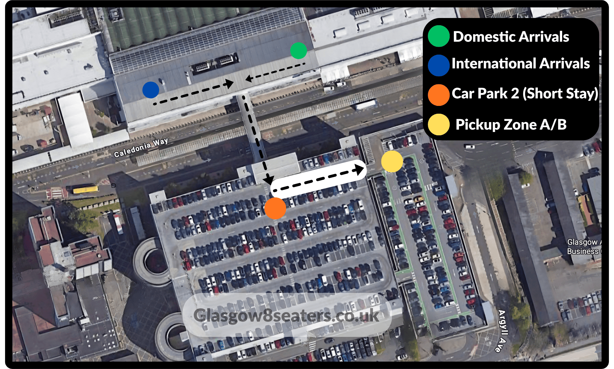 Annotated Glasgow Airport satellite map showing domestic arrivals, international arrivals, Car Park 2 and Pickup Zone A/B